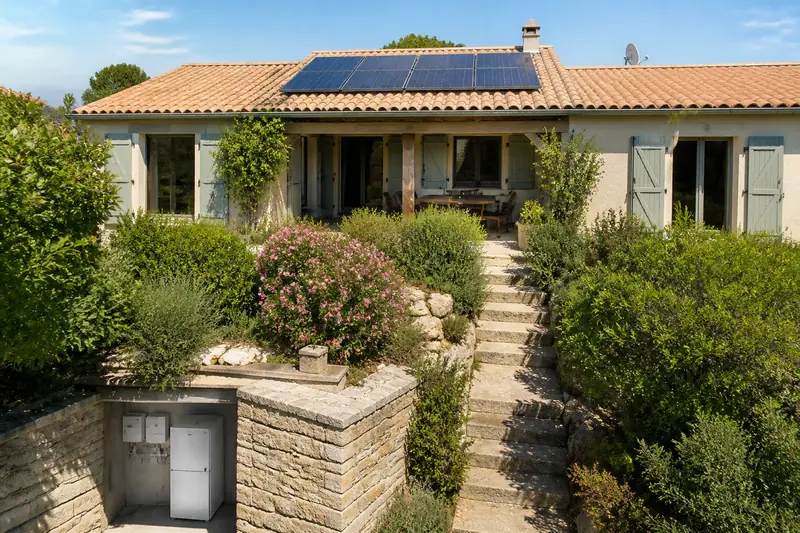 Cellier ventilé abritant une batterie solaire murale raccordée au tableau électrique