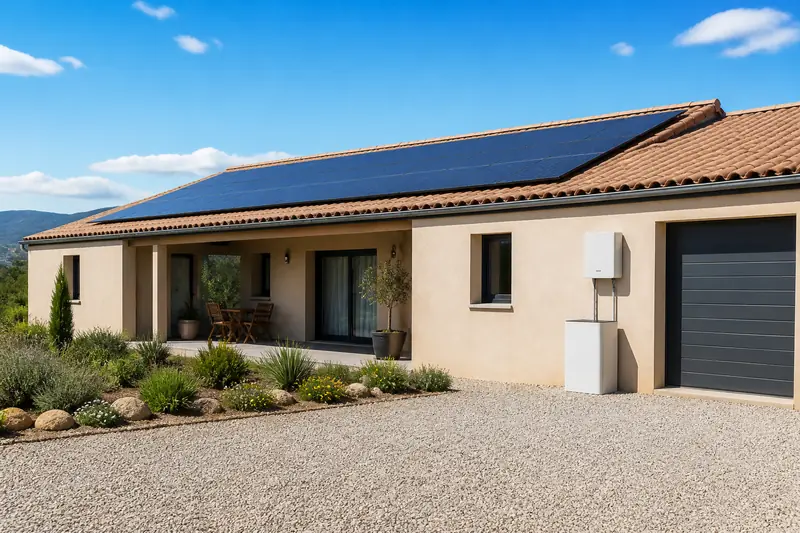 Toit de maison équipé de panneaux solaires avec un onduleur hybride posé dans le garage