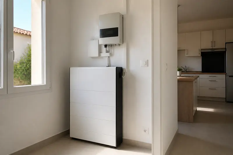 Cuisine familiale éclairée le soir avec un local technique voisin abritant une batterie