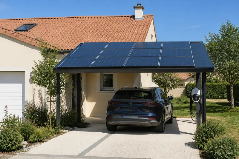 Abri de voiture couvert de panneaux solaires dans l'allée d'une maison