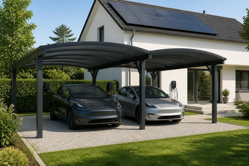 Double abri de voiture couvert de panneaux photovoltaïques devant une maison