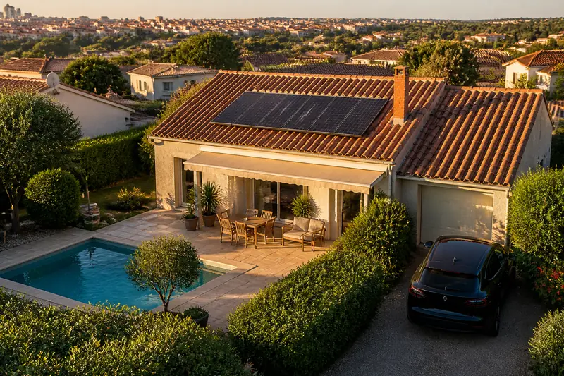 Micro-onduleurs fixés sous les panneaux solaires d'une toiture résidentielle