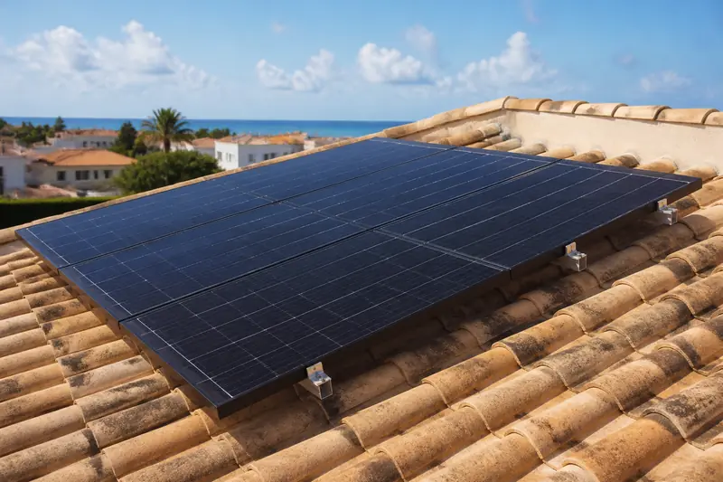 Panneaux solaires fixés sur un toit de maison près du littoral méditerranéen