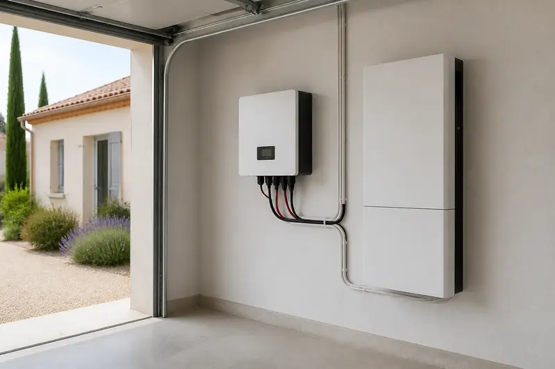 Batterie solaire murale installée dans le garage d'une maison